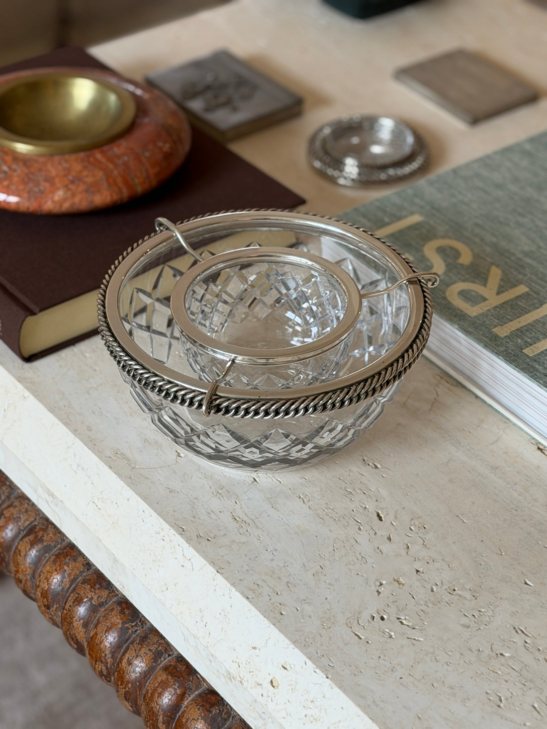 Hermes Crystal Caviar Service with Chain Link Silver Mount