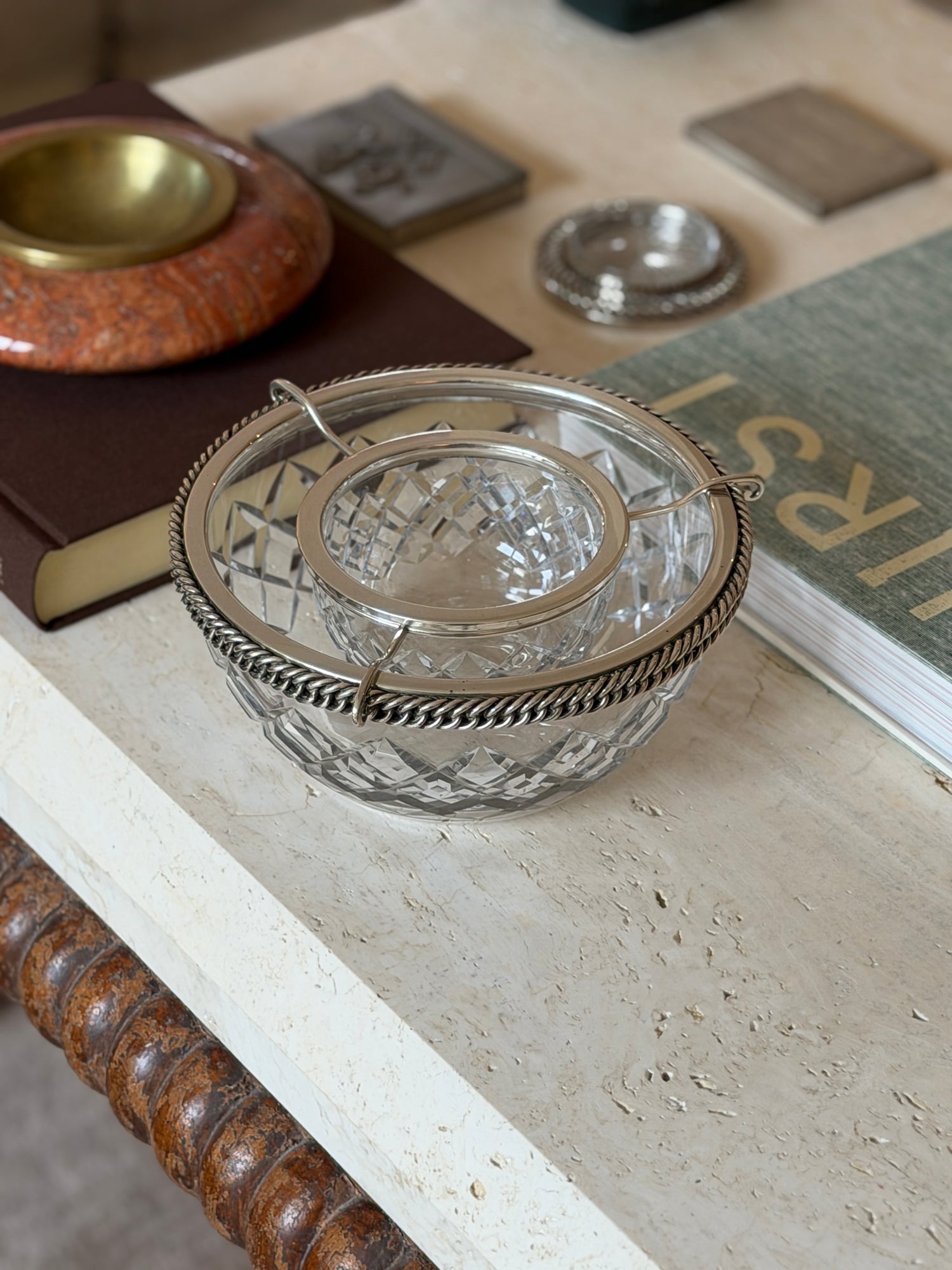 Hermes Crystal Caviar Service with Chain Link Silver Mount