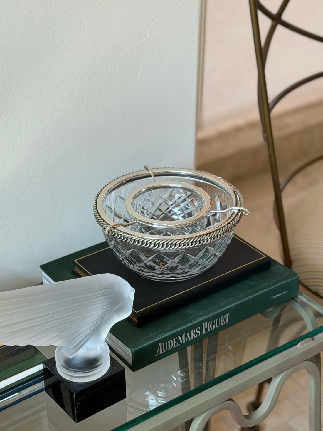 Hermes Crystal Caviar Service with Chain Link Silver Mount