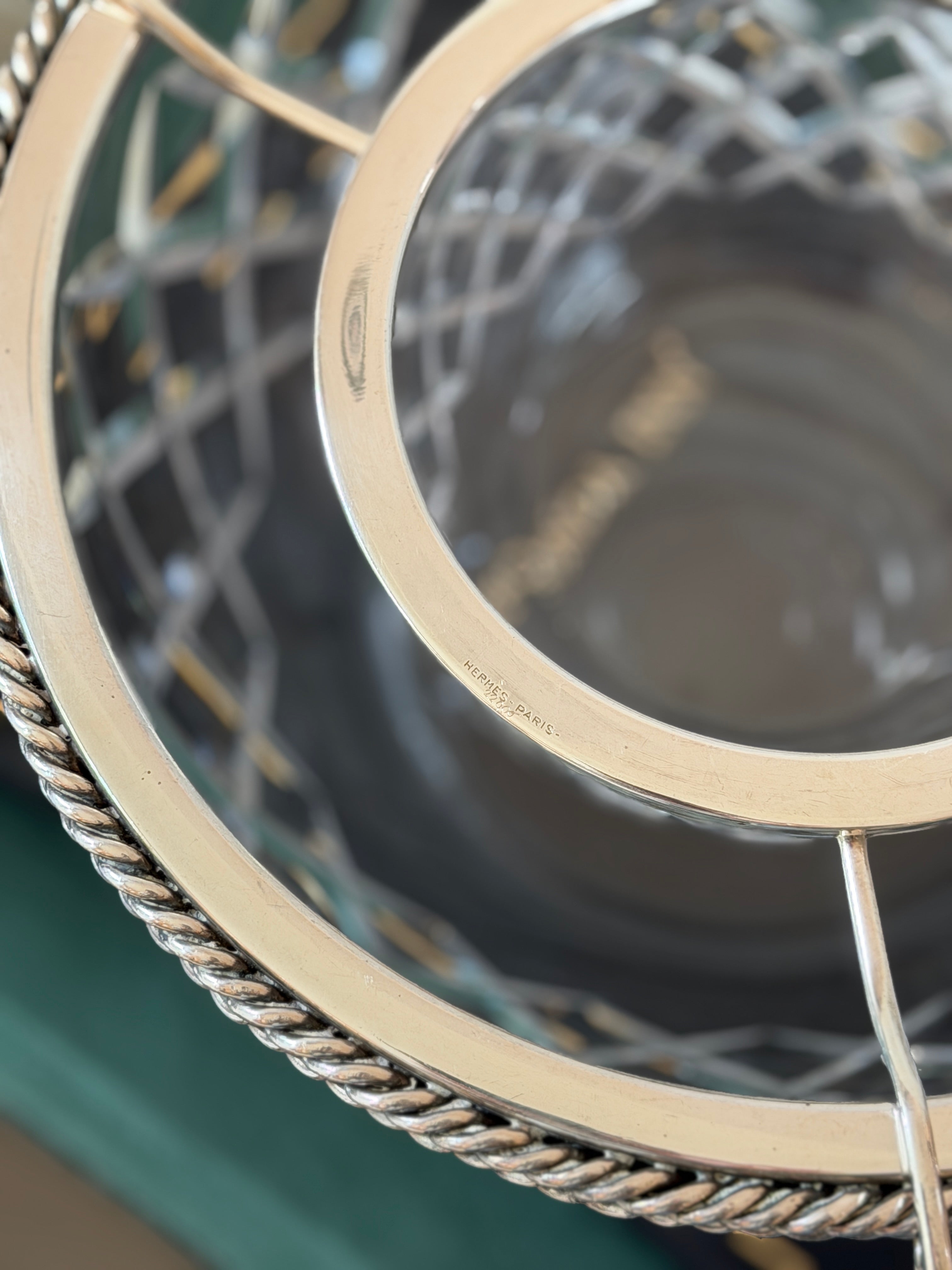 Hermes Crystal Caviar Service with Chain Link Silver Mount