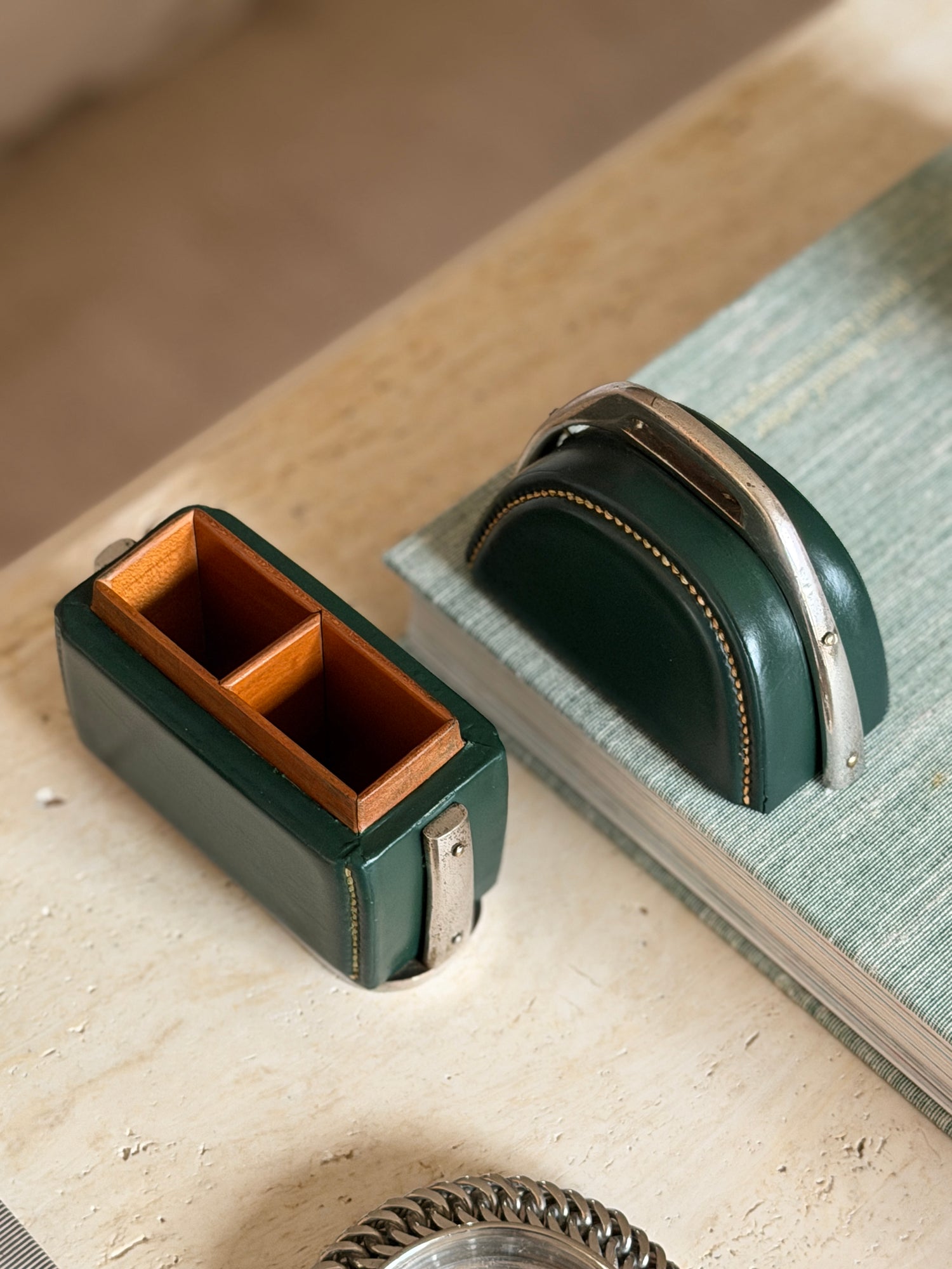 Hermes Green Leather Stirrup Box by Paul Dupre-Lafon