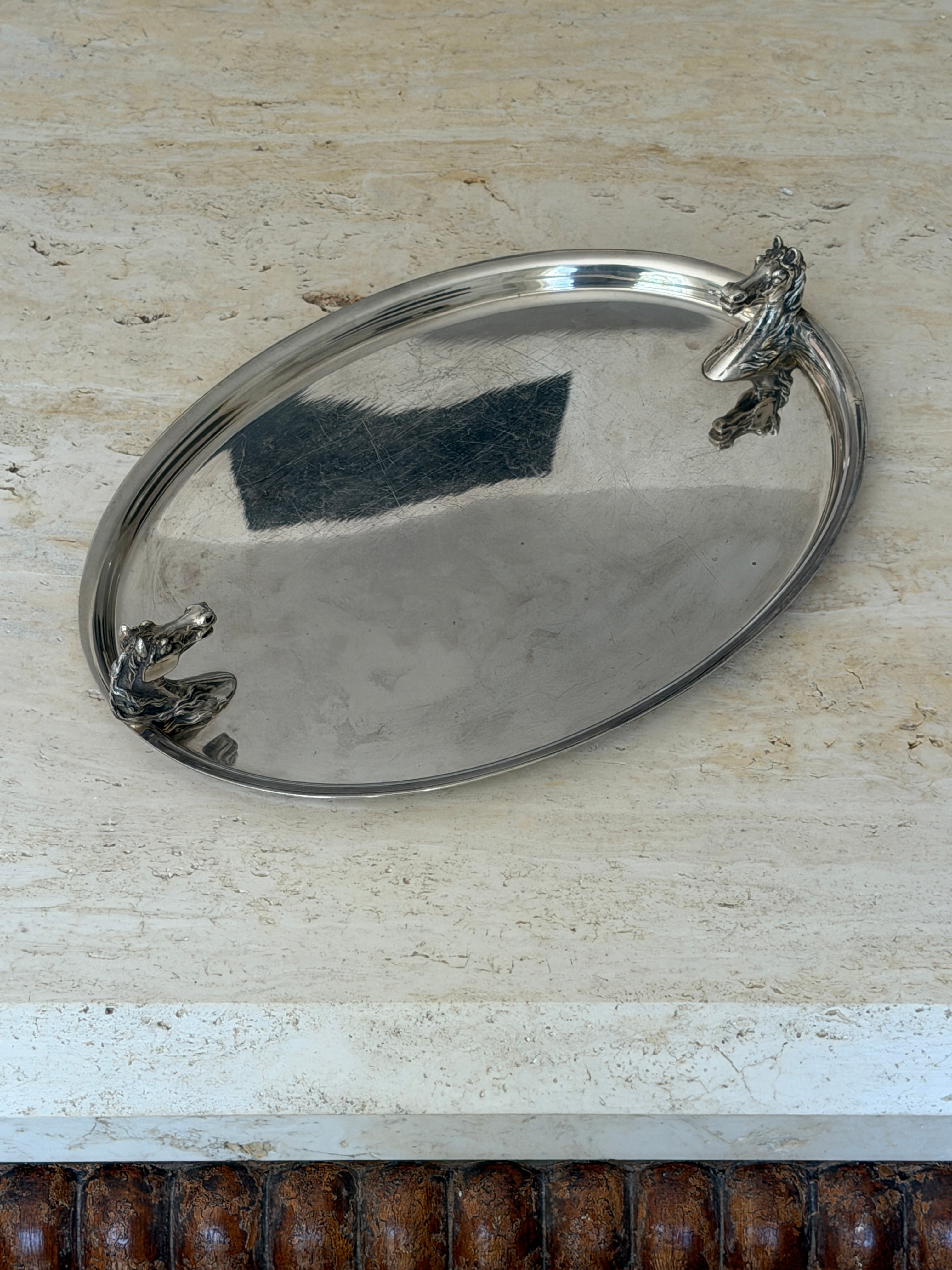 Hermes Horse Head Silver Plated Oval Serving Tray - France c.1960 | Collectors Gene