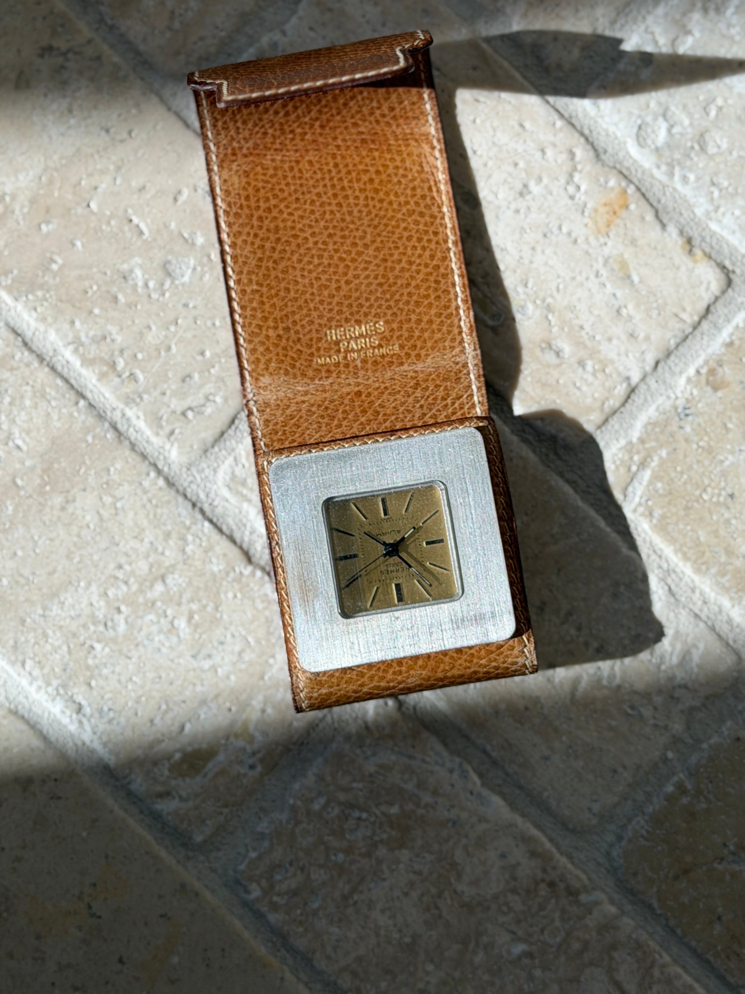 Hermes Paris Mechanical Travel Alarm Clock in Leather Case c.1970 | Collectors Gene