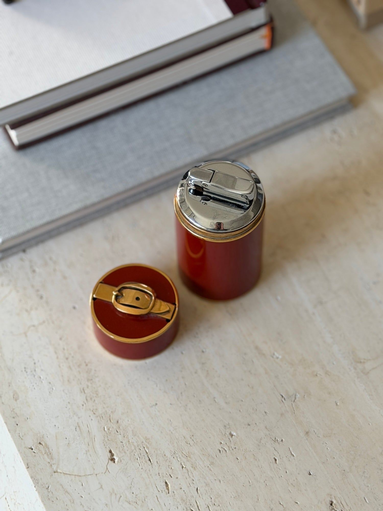 Hermes Red Lacquer Brass Buckle Table Lighter | Collectors Gene