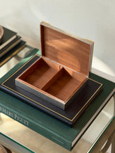 Open view showing cedar-lined interior compartment of vintage Hermes silver and brass box available at Collectors Gene