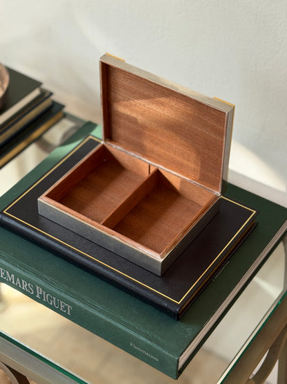 Open view showing cedar-lined interior compartment of vintage Hermes silver and brass box available at Collectors Gene