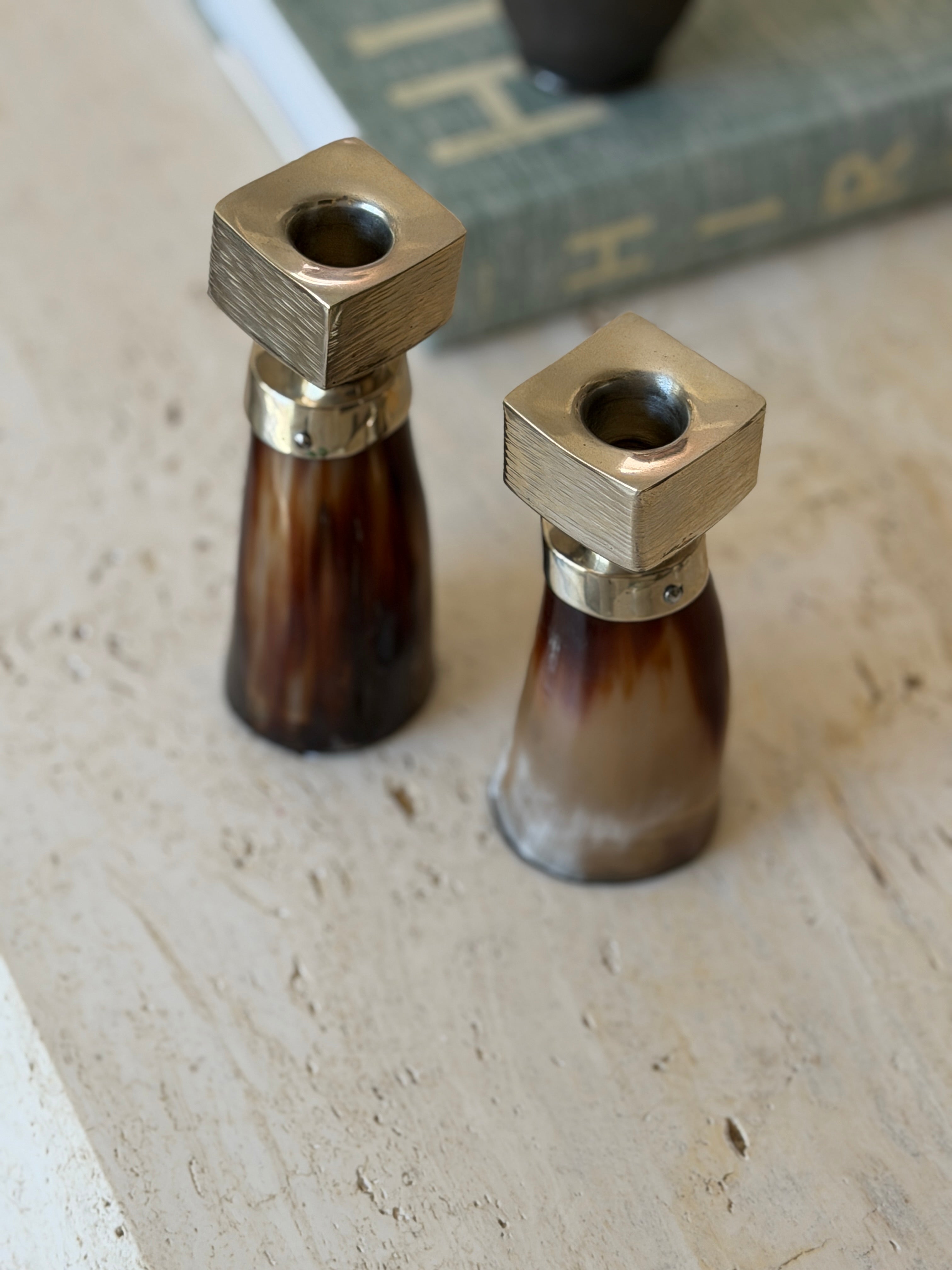 Horn &amp; German Silver Sculptural Candlestick Holders