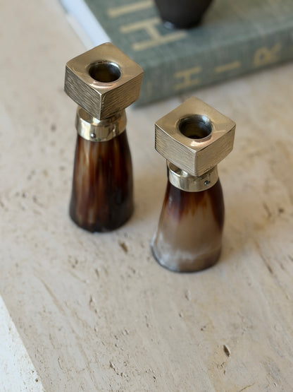 Horn &amp; German Silver Sculptural Candlestick Holders