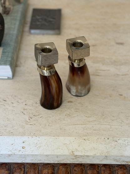 Horn &amp; German Silver Sculptural Candlestick Holders