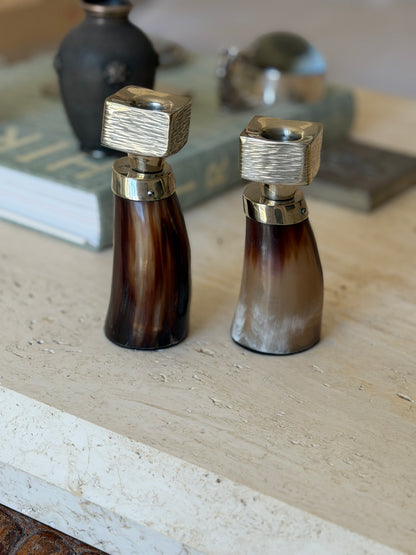 Horn &amp; German Silver Sculptural Candlestick Holders