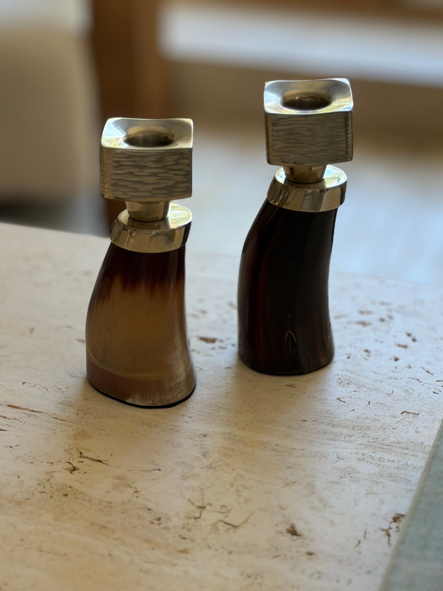 Horn &amp; German Silver Sculptural Candlestick Holders
