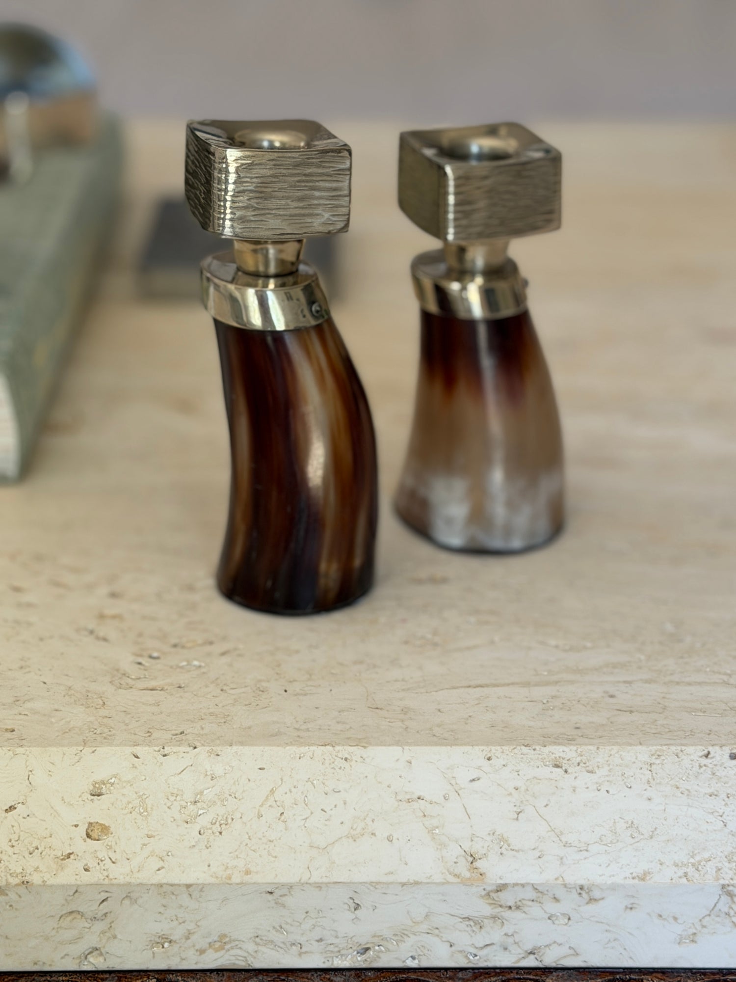 Horn &amp; German Silver Sculptural Candlestick Holders