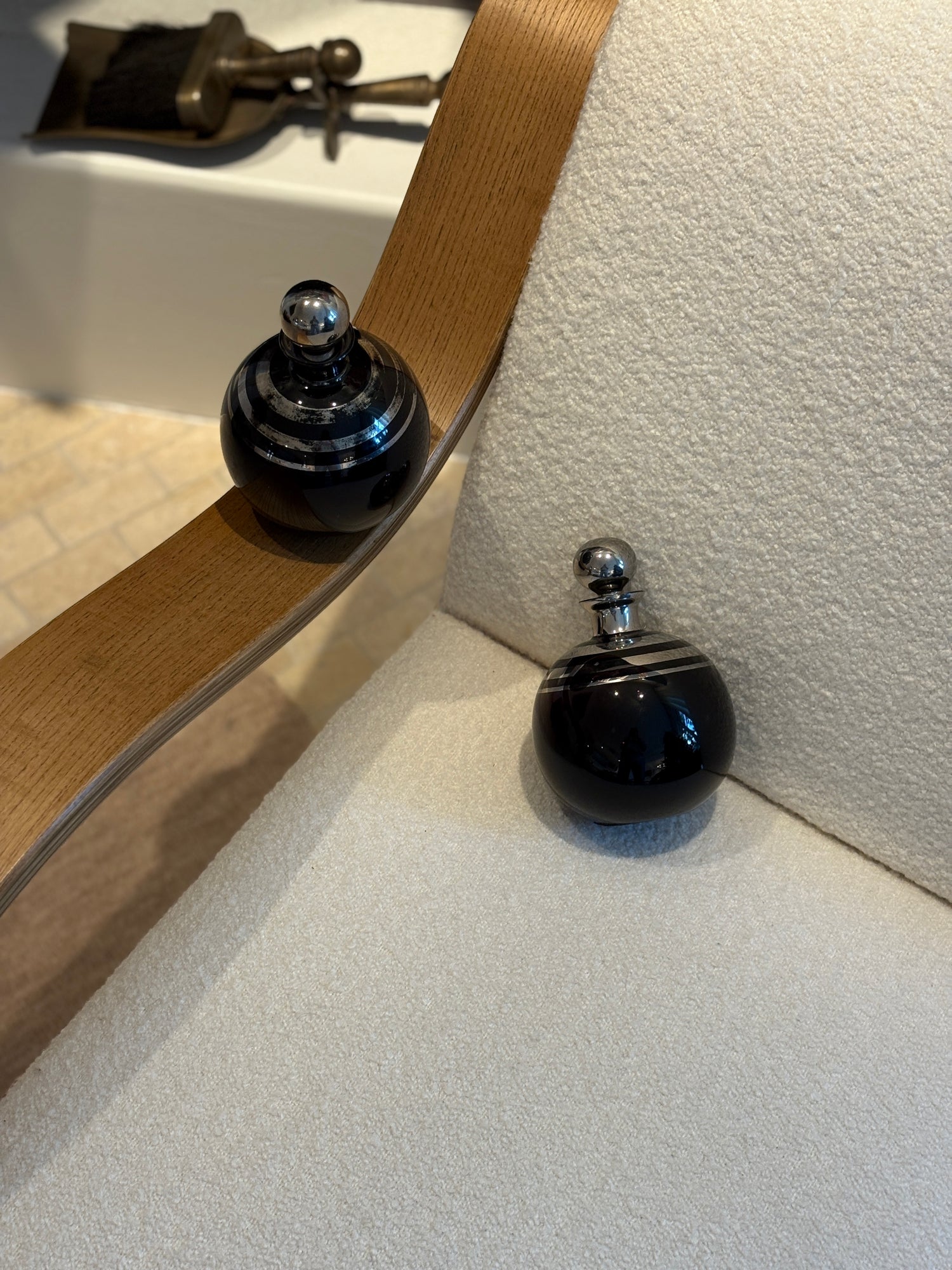 Italian Art Deco Black Opaline Vanity Bottle with Chrome Stripes | Collectors Gene