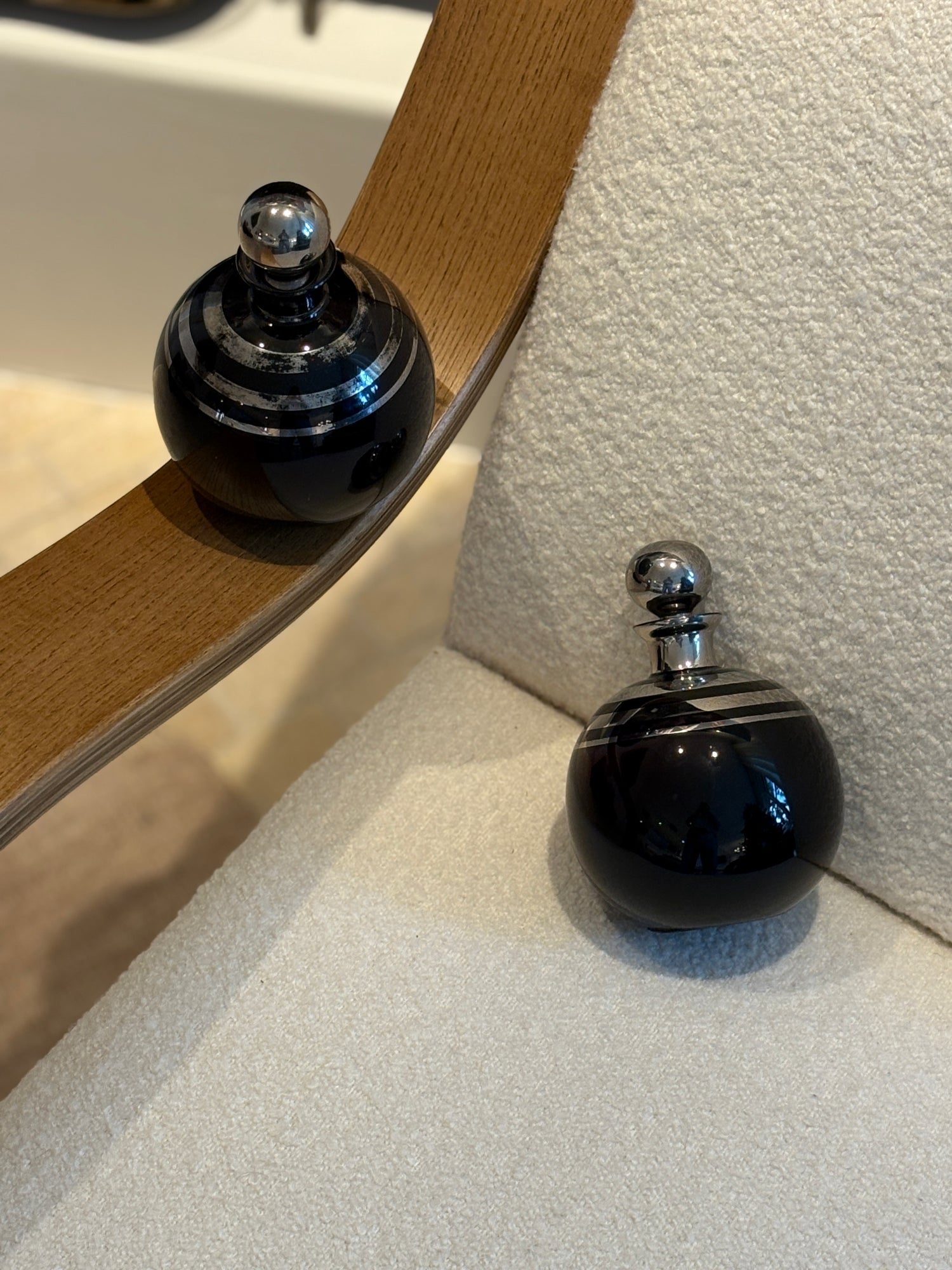 Italian Art Deco Black Opaline Vanity Bottle with Chrome Stripes | Collectors Gene