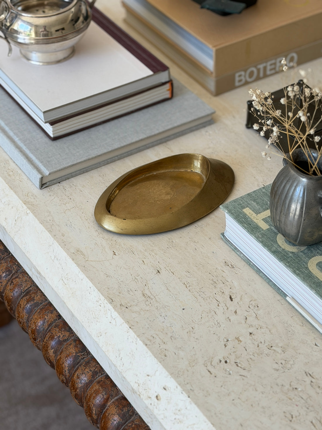Vintage c.1960 Italian bronze oblong sculptural vide poche catchall dish styled on travertine console table from Collectors Gene