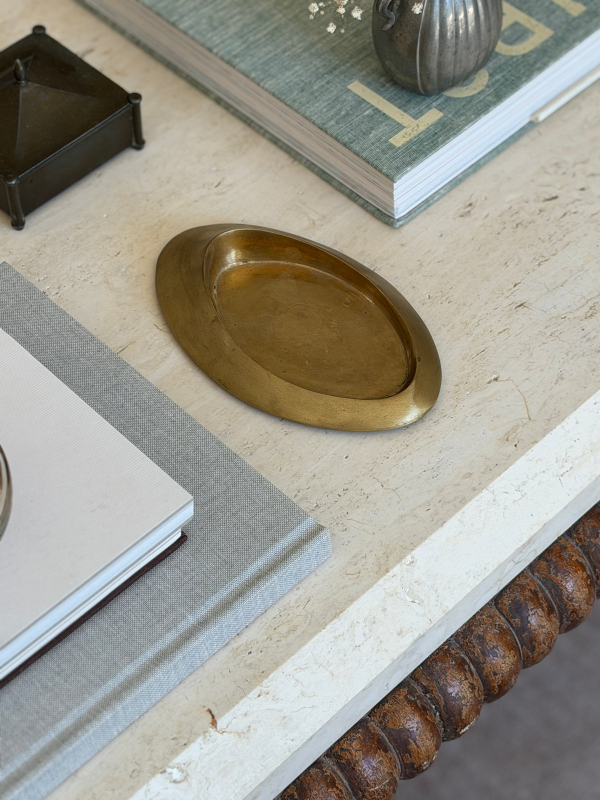 Executive desk context view featuring mid-century Italian bronze oblong catchall dish from Collectors Gene