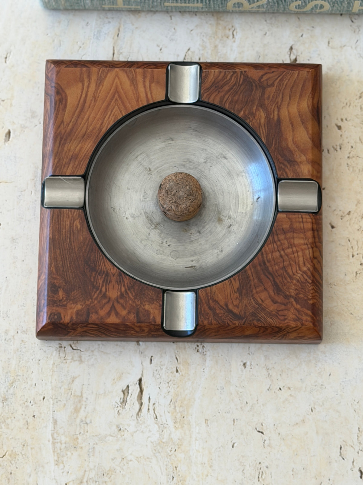 Top-down view of square burl walnut ashtray catchall with circular metal center insert from Collectors Gene