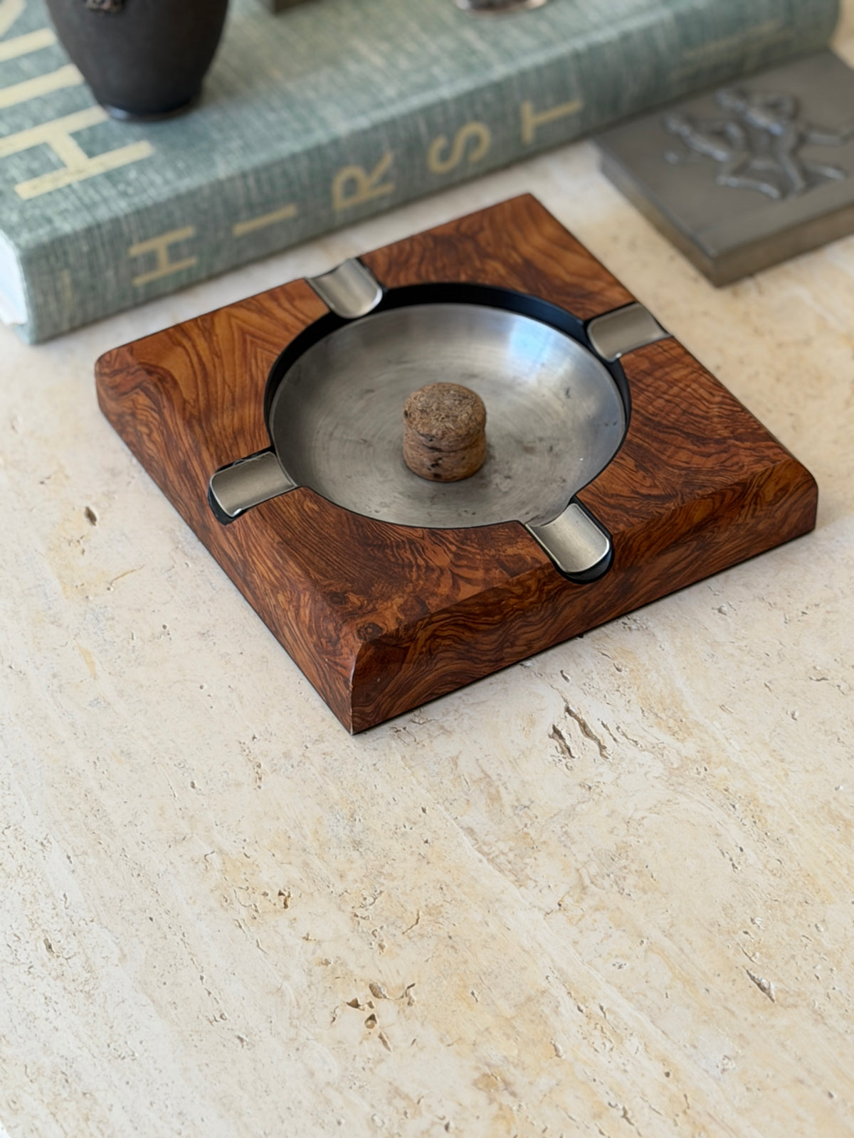 High angle view of 7.5 inch square burl walnut vide poche with recessed metal bowl insert available at Collectors Gene