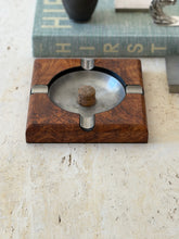 Front view of 1980s Italian burl wood catchall dish with rounded corners and metal liner from Collectors Gene