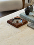 Vintage c.1980 Italian burl walnut and metal square ashtray catchall dish styled on travertine coffee table from Collectors Gene