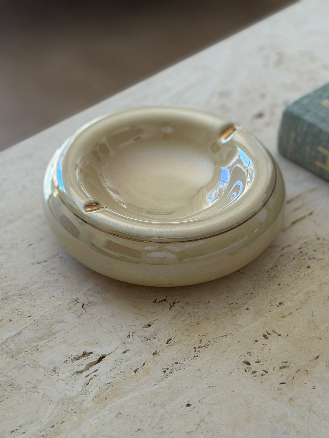 High angle view of 7-inch vintage Italian cream ceramic ashtray with integrated rests available at Collectors Gene