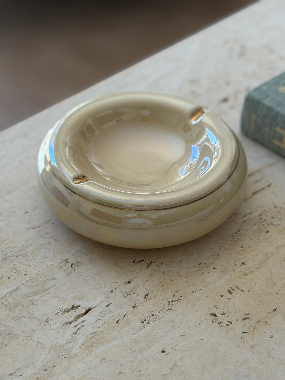 High angle view of 7-inch vintage Italian cream ceramic ashtray with integrated rests available at Collectors Gene