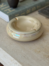 Vintage 1970s Italian cream beige ceramic round ashtray catchall dish with fine gold accent rim from Collectors Gene