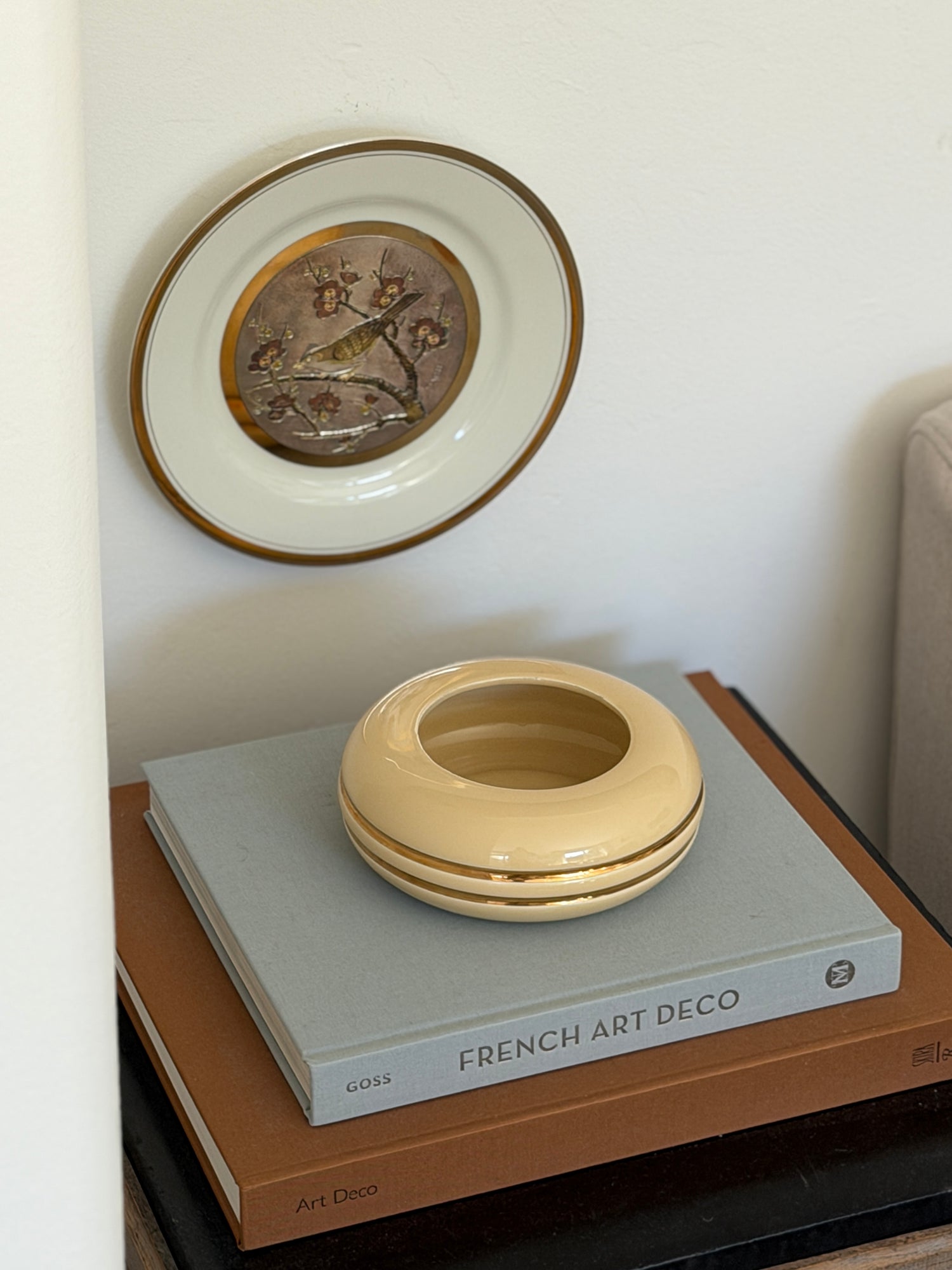 Curated living room context view featuring 1960s Italian cream and gold ceramic catchall from Collectors Gene