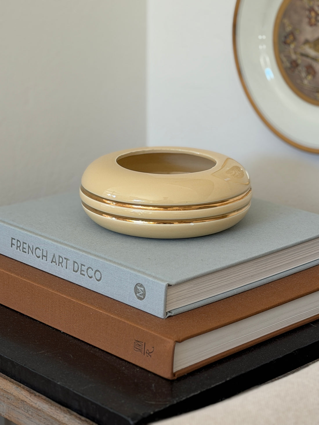 Vintage 1960s Italian cream glazed ceramic catchall dish with double gold bands styled on books from Collectors Gene