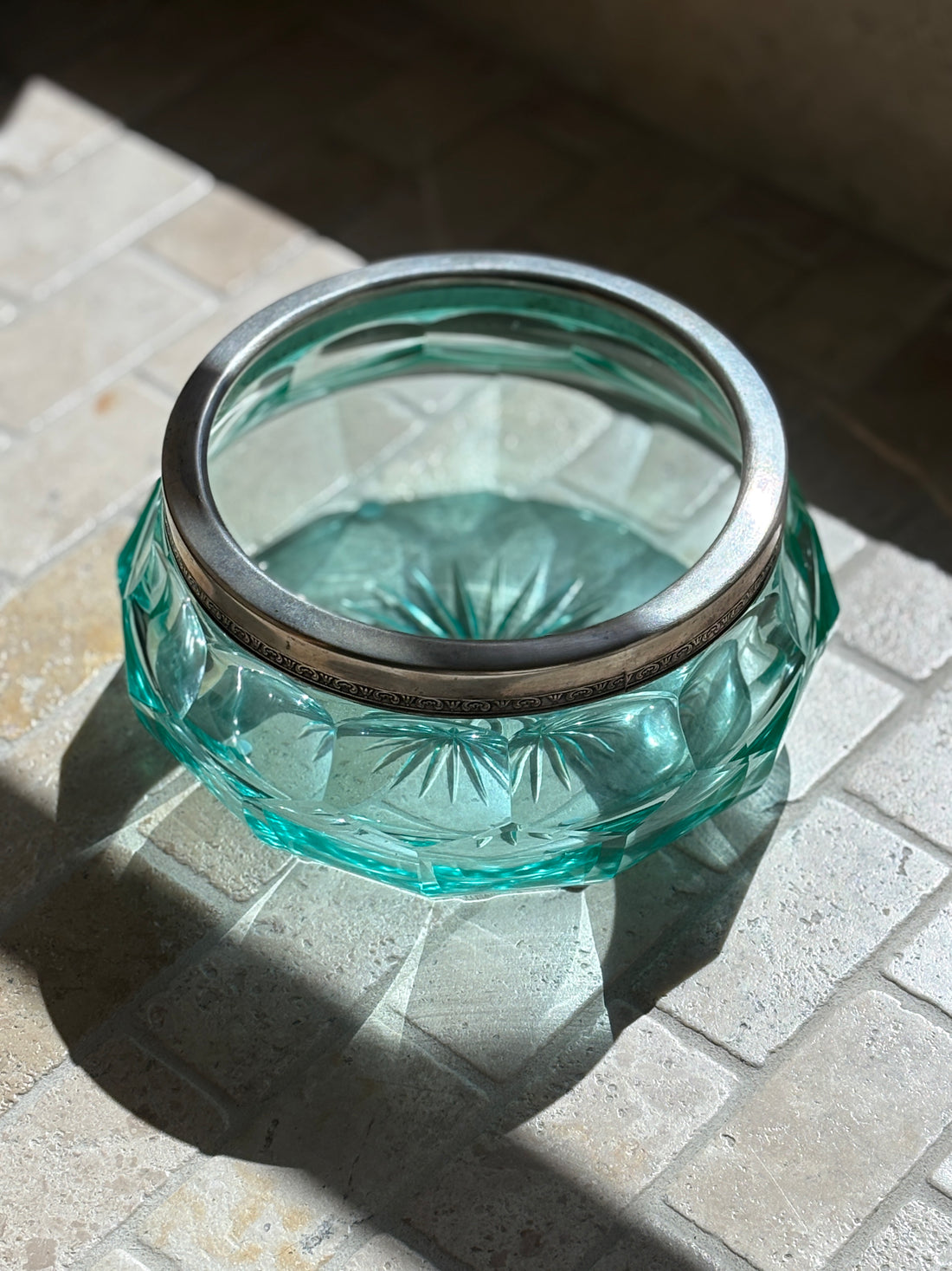 Italian Green Faceted Glass Bowl with Silver-Plated Rim - Italy 20th Century | Collectors Gene