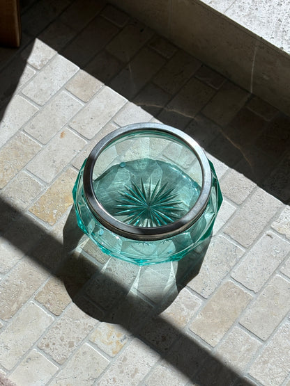 Italian Green Faceted Glass Bowl with Silver-Plated Rim - Italy 20th Century | Collectors Gene