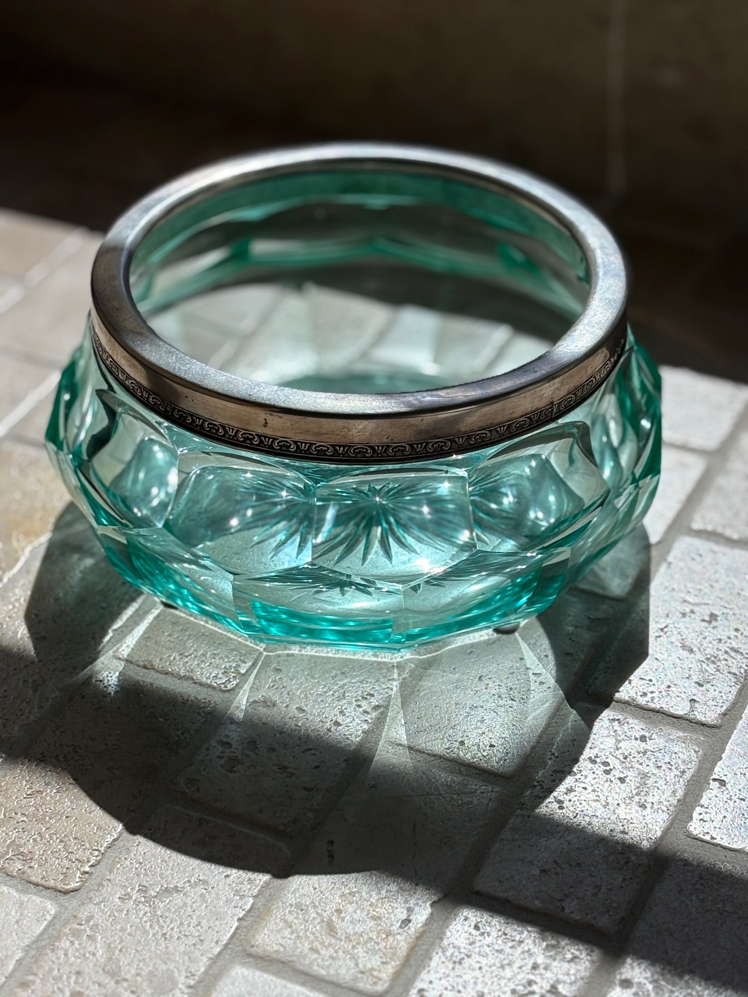 Italian Green Faceted Glass Bowl with Silver-Plated Rim - Italy 20th Century | Collectors Gene