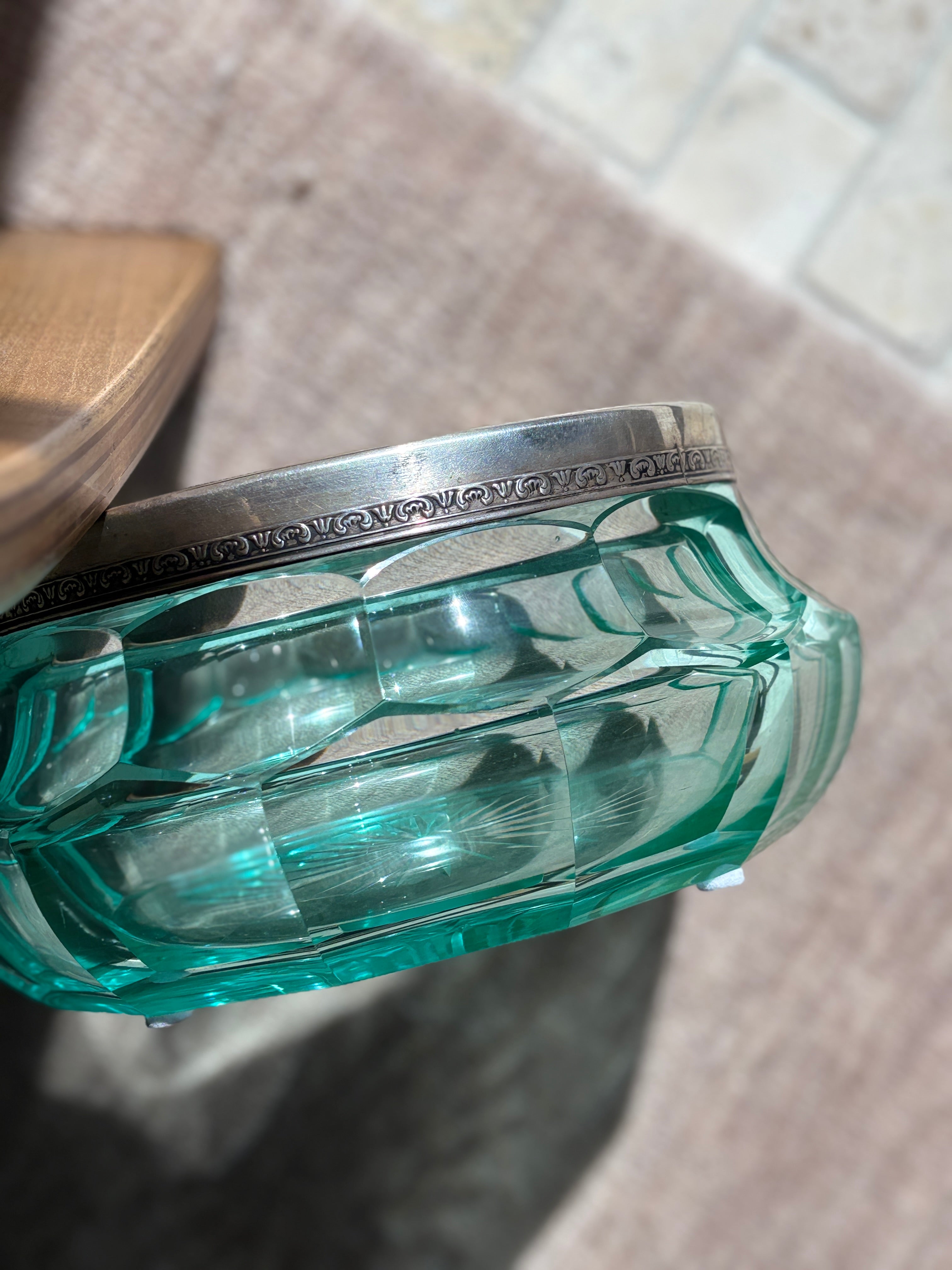 Italian Green Faceted Glass Bowl with Silver-Plated Rim - Italy 20th Century | Collectors Gene