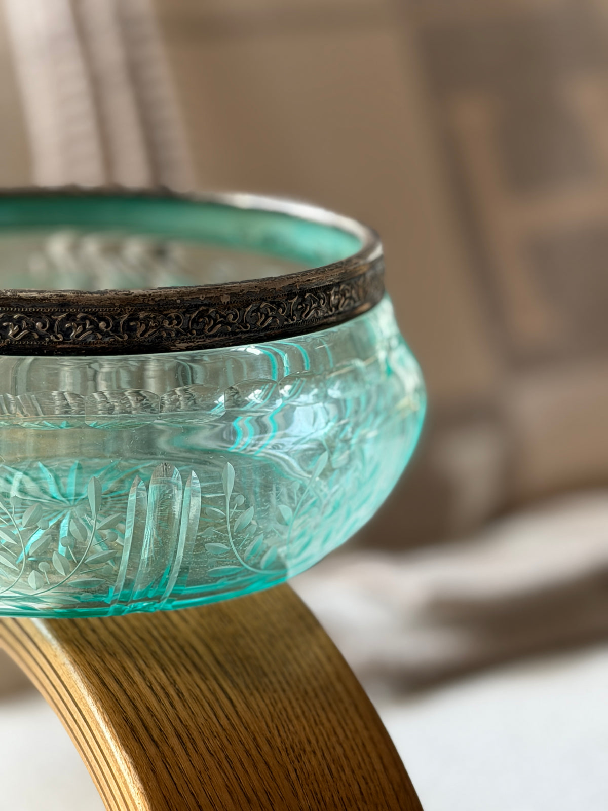 Italian Green Glass Bowl with Decorative Silver Rim | Collectors Gene