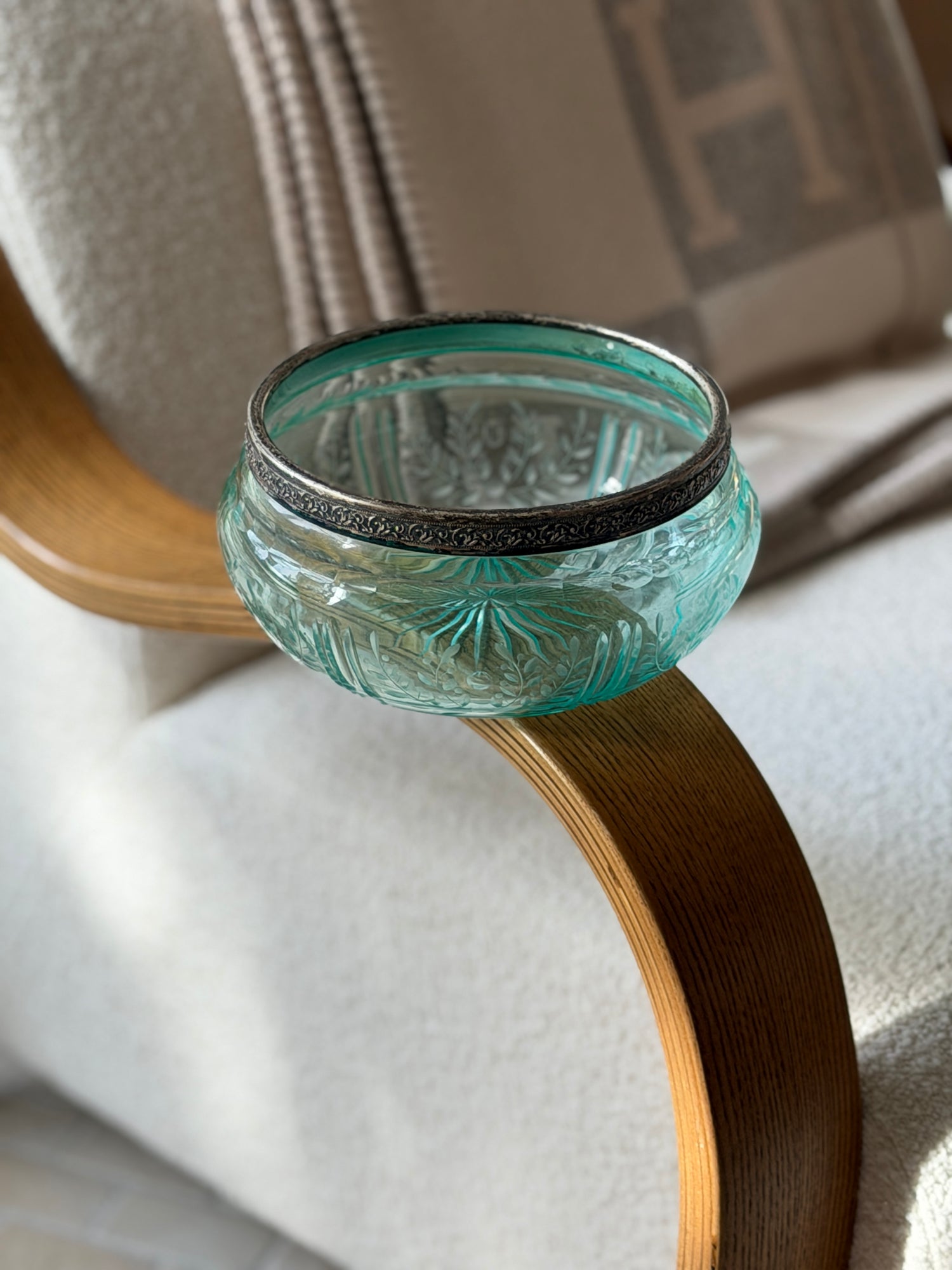 Italian Green Glass Bowl with Decorative Silver Rim | Collectors Gene