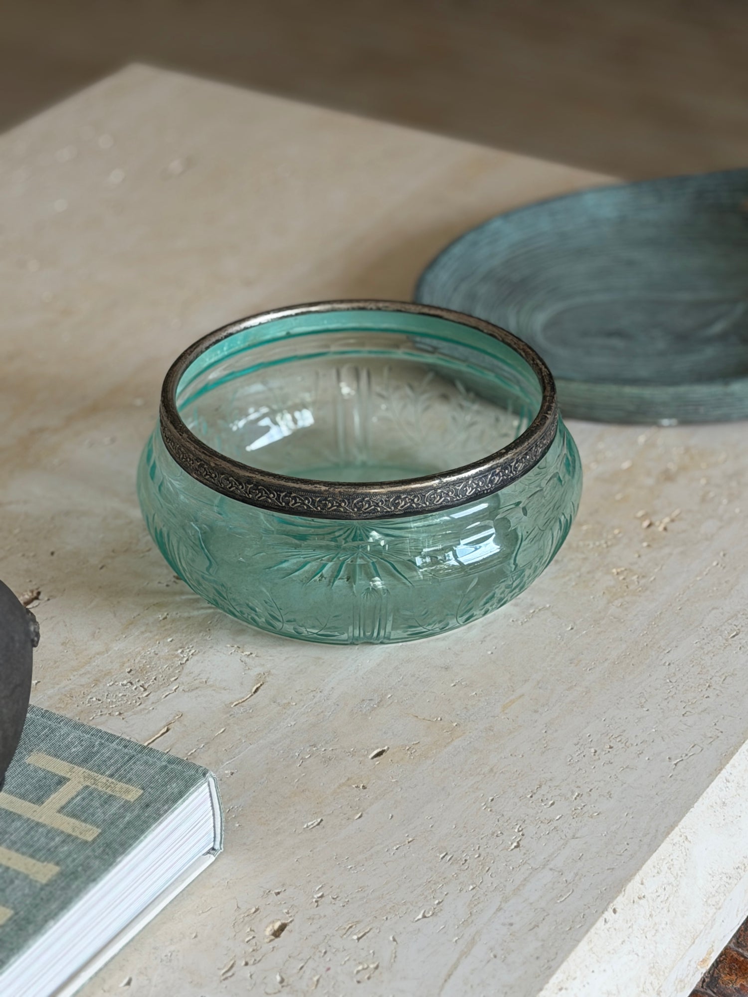 Italian Green Glass Bowl with Decorative Silver Rim | Collectors Gene