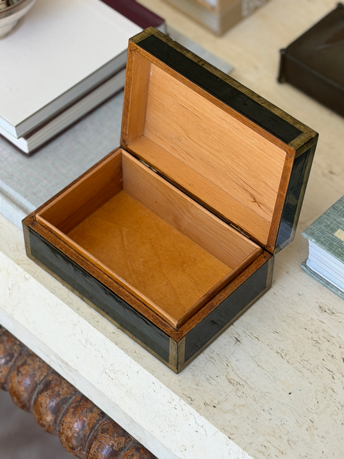 Open view showing natural wood interior of vintage Italian green lacquer box available at Collectors Gene