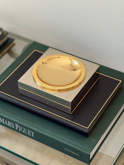Close-up top angle view showing circular gold bowl inset in square polished silver body available at Collectors Gene