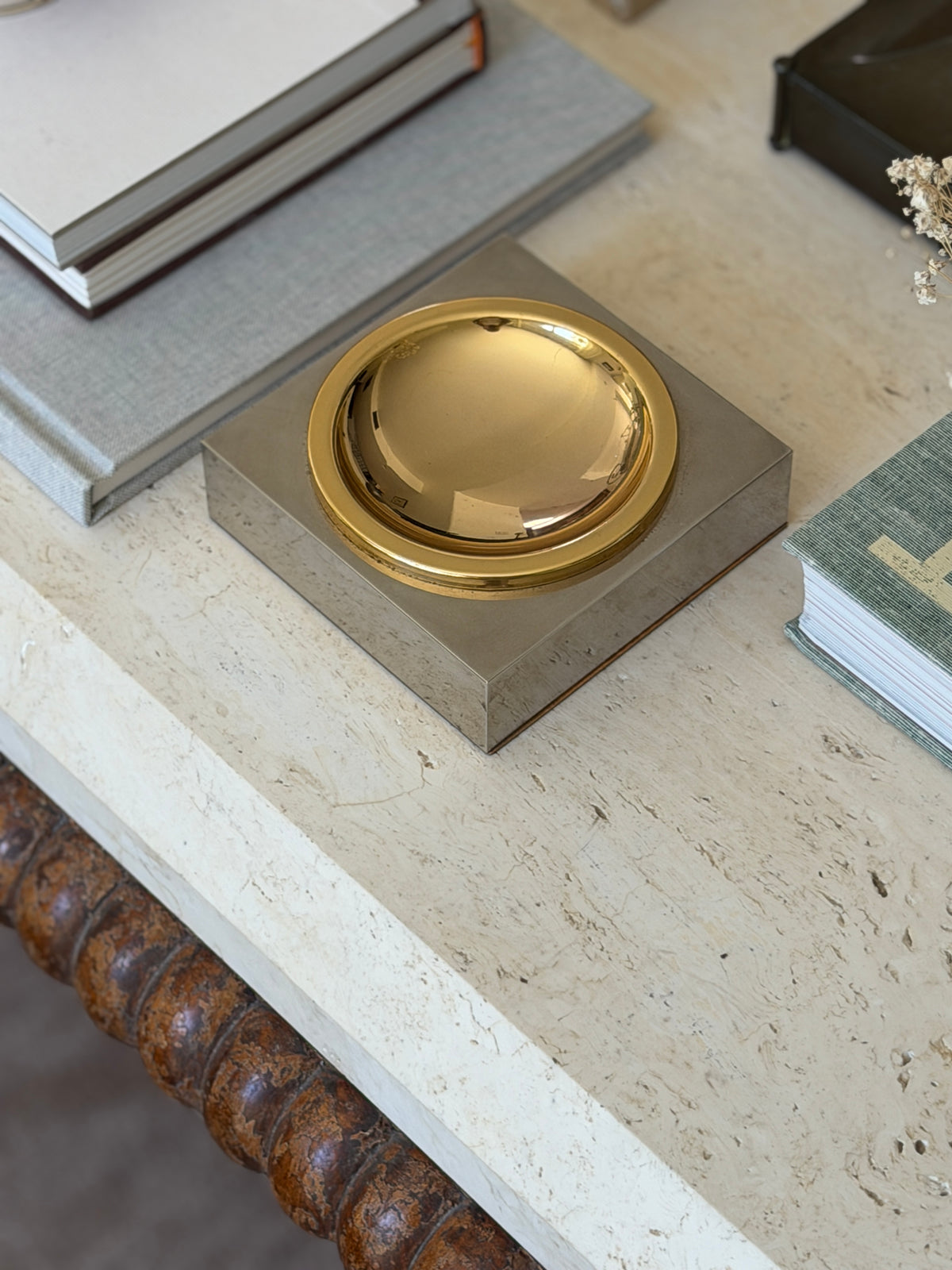 Angled perspective view of 5-inch vintage Italian Hollywood Regency mixed-metal desk tray from Collectors Gene