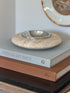 Collectors Gene Italian mid-century cream travertine vide poche tray with polished silver metal bowl center on books