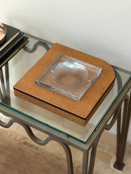 Side perspective view of 10-inch c.1980 Italian decorative glass vide poche in brown leather frame at Collectors Gene
