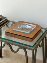 High angle view of large vintage Italian leather catchall dish with clear glass bowl insert available at Collectors Gene
