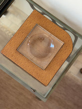 Top-down view of vintage square Italian leather ashtray catchall dish with recessed glass center available at Collectors Gene