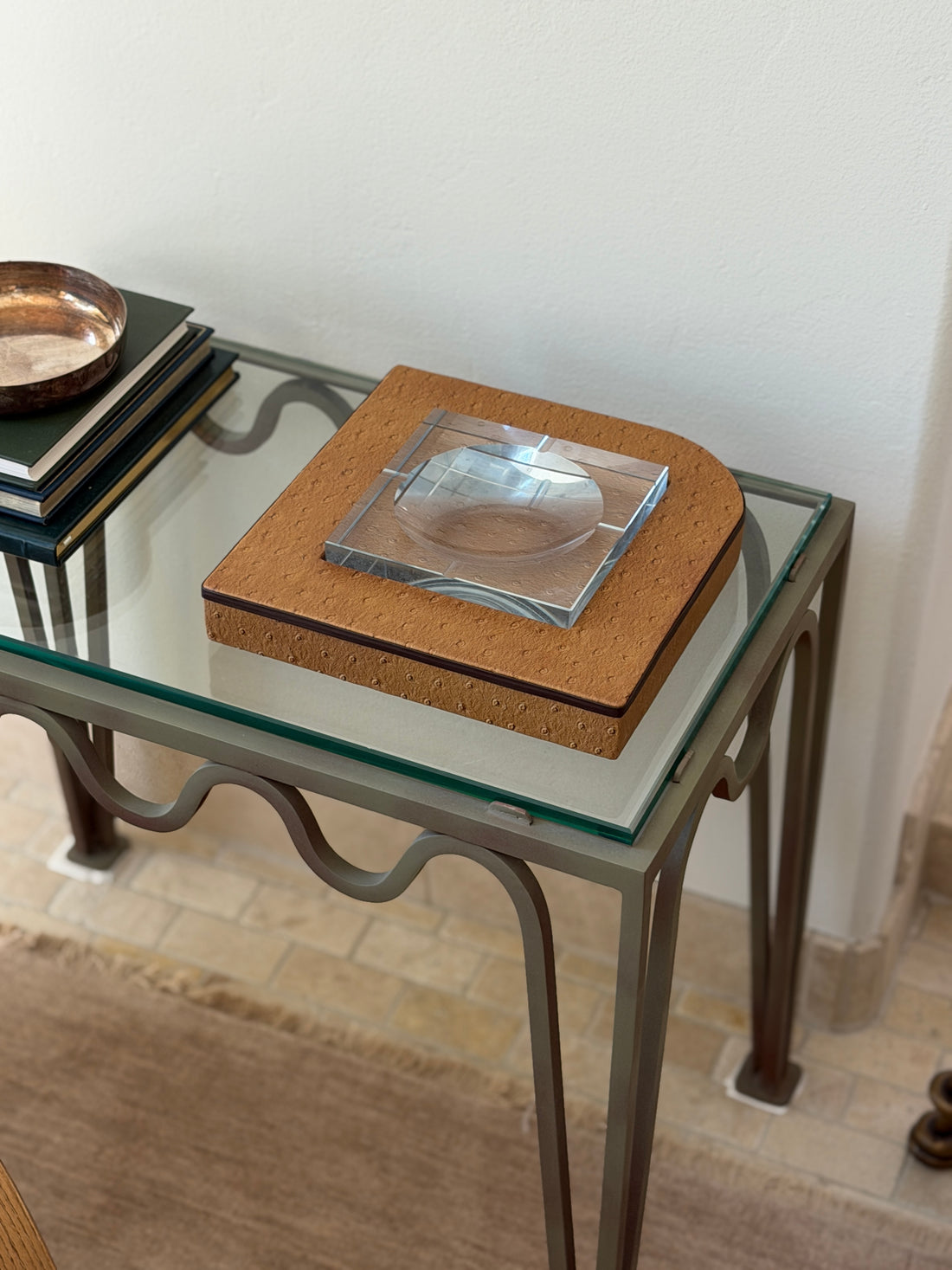 Vintage 1980s Italian brown ostrich-style leather and thick glass square ashtray on glass side table from Collectors Gene