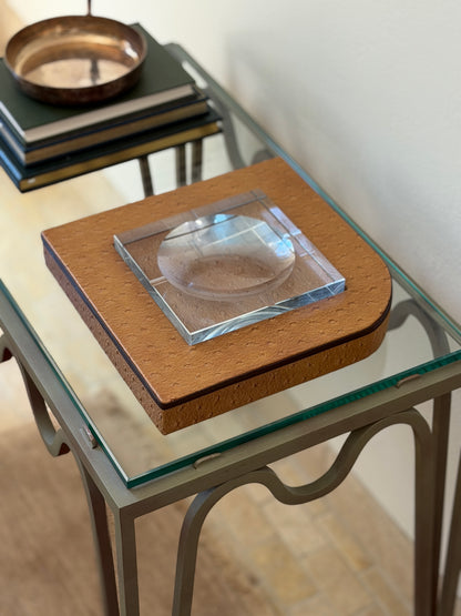 Curated living room context shot featuring oversized vintage Italian leather and glass ashtray at Collectors Gene