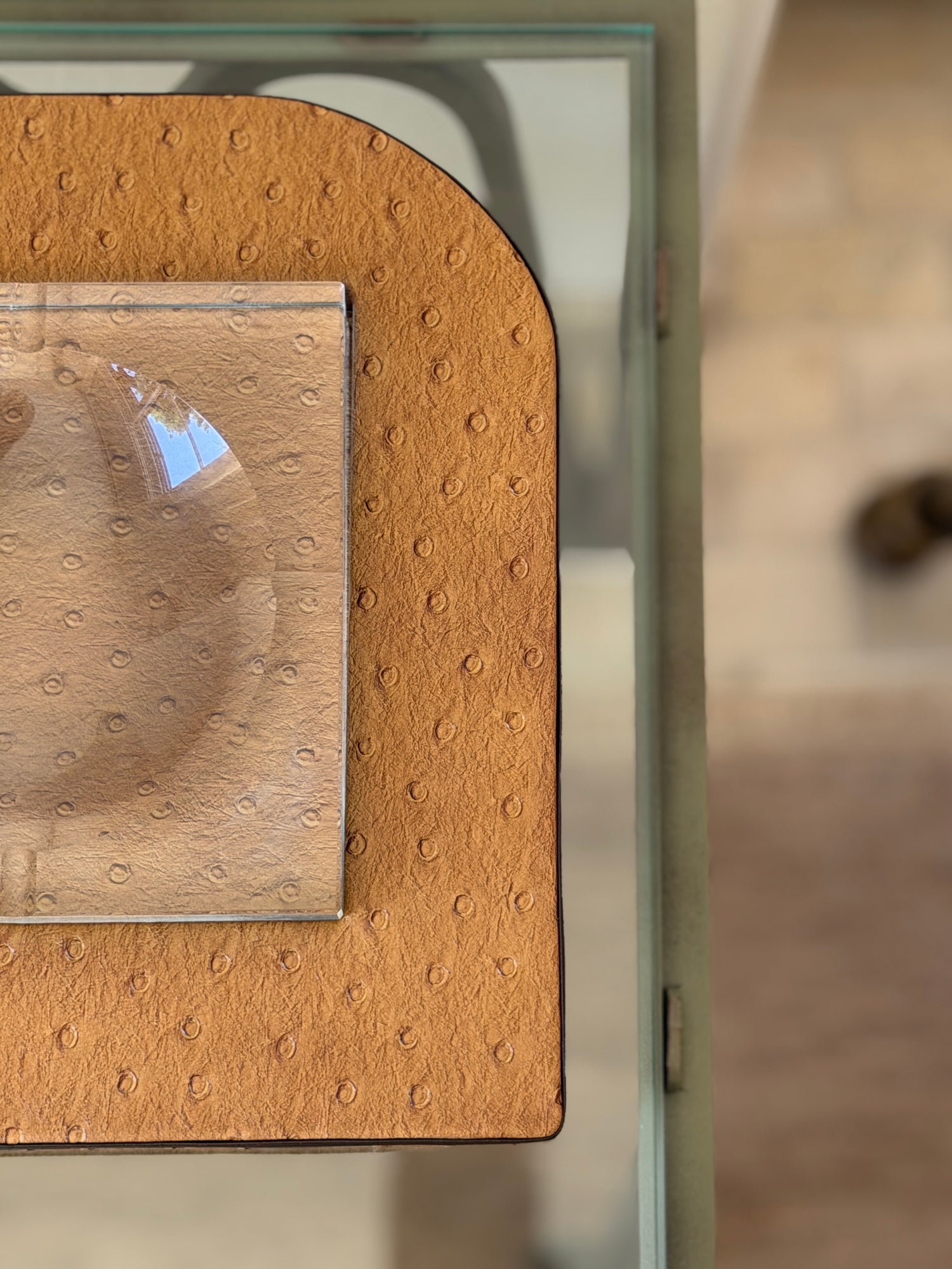 Detail view of ostrich embossed leather border and heavy molded glass tray insert from Collectors Gene