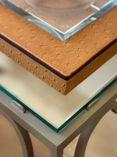 Close-up corner view showing brown faux ostrich leather texture and heavy beveled glass bowl liner from Collectors Gene