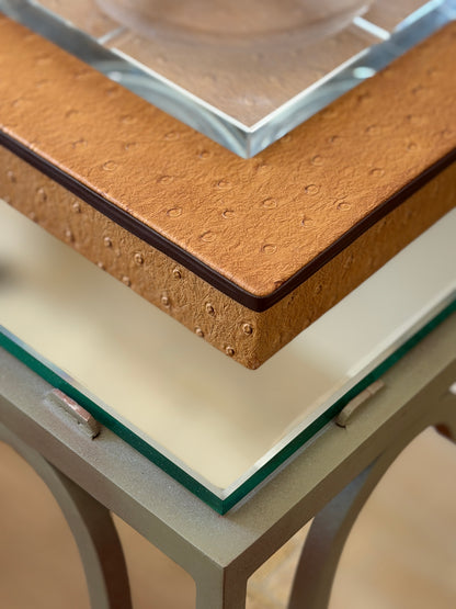 Close-up corner view showing brown faux ostrich leather texture and heavy beveled glass bowl liner from Collectors Gene