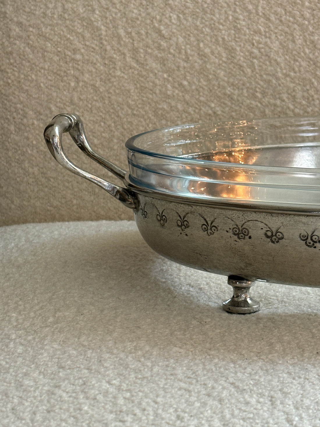 Italian Pewter Oval Footed Serving Dish with Glass Insert | Collectors Gene