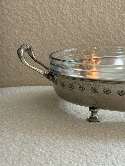 Italian Pewter Oval Footed Serving Dish with Glass Insert | Collectors Gene